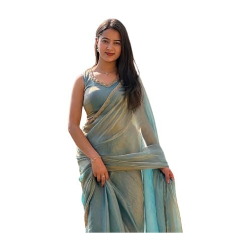 MARGI DESIGNERS Womens New Bollywood Party Fancy Soft Fendy Chiffon Silk Embelished Lace Work Sky Blue Saree With Blouse | Saree For Womens
