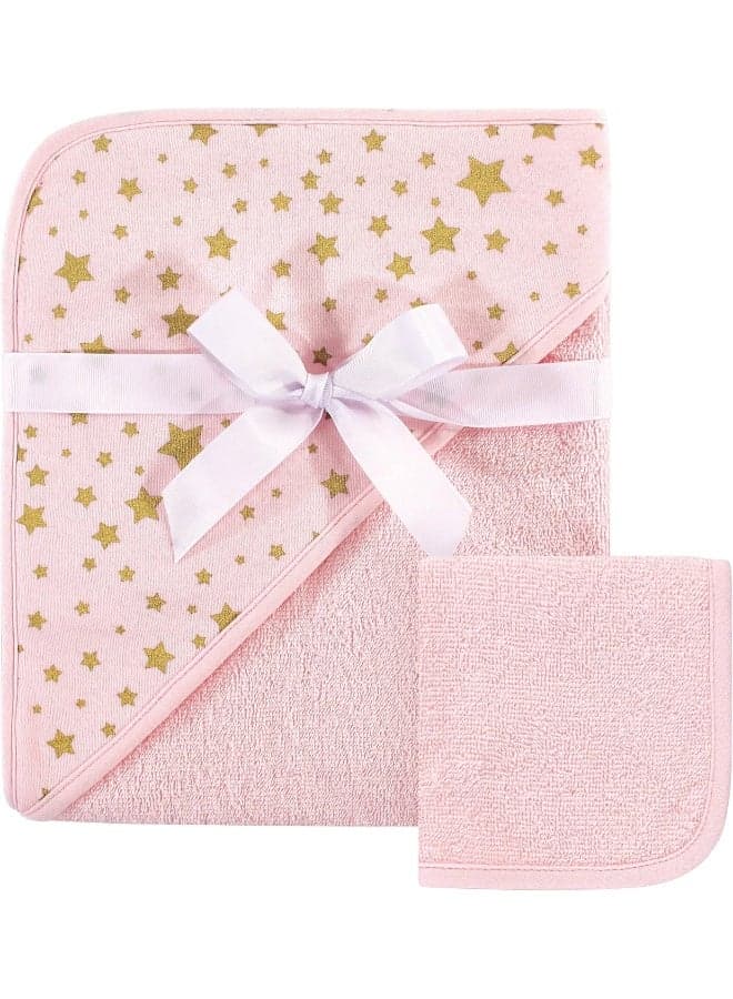 Hudson Baby Unisex Baby Cotton Hooded Towel and Washcloth, Pink Gold Star, One Size