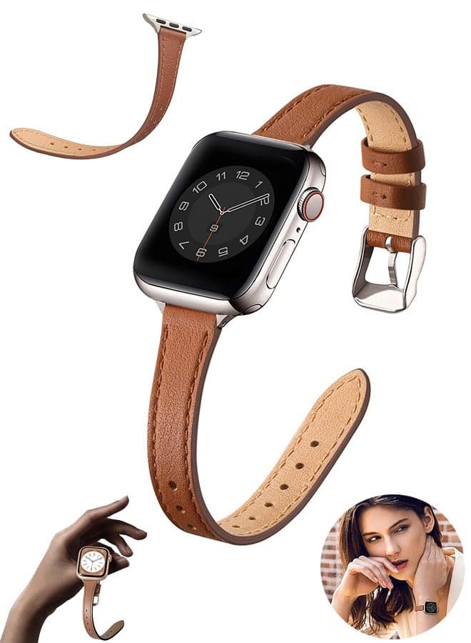 Slim Leather Bands Compatible with Apple Watch Band 38mm 40mm 41mm, Top Grain Leather Watch Thin Wristband for iWatch Ultra SE Series 9/ 8/ 7/ 6/ 5/ 4/ 3/ 2/ 1