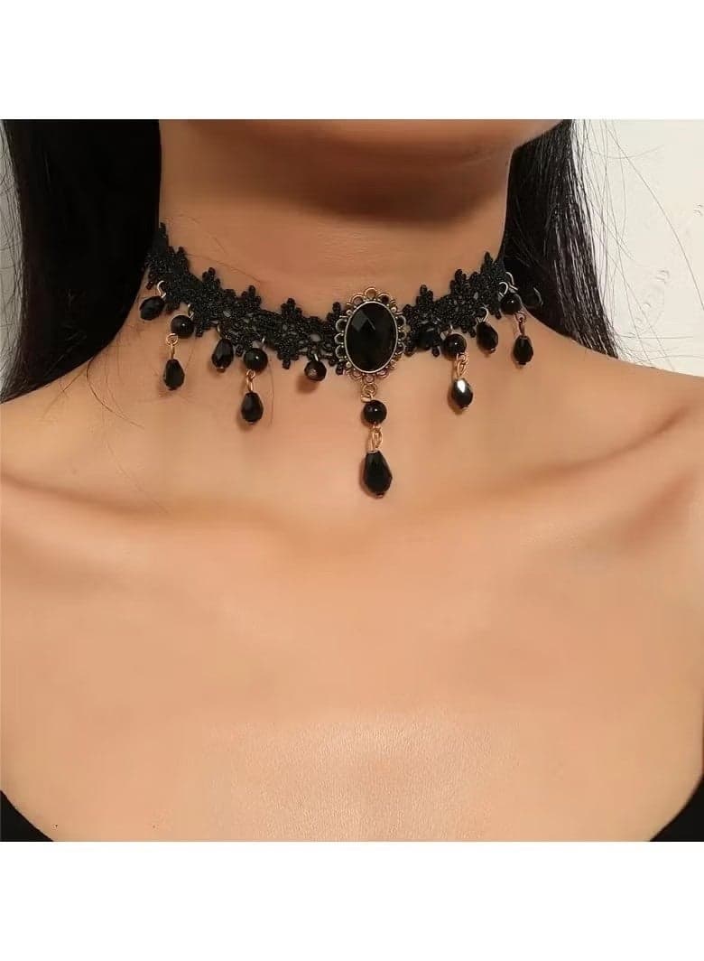 Gothic Punk-Inspired Black Lace Tassel Choker Necklace - Vintage Style, Alloy, Perfect for Everyday Party Wear