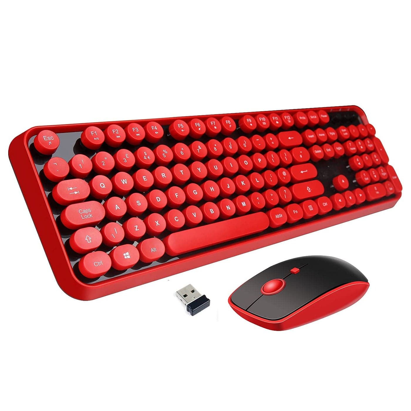 Wireless Keyboard Mouse Combo24GHz Waterproof Keyboard with Round Retro Style Red Key and Optical Wireless Gaming Mouse with 3 Adjustable DPICompatible with PC Computer Laptop Desktop NoteRed