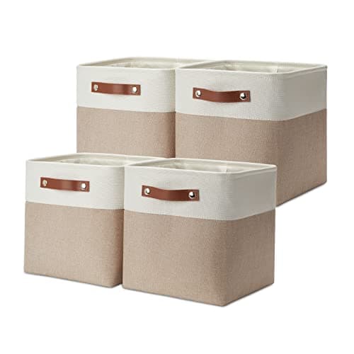 DULLEMELO 11 inch Cube Storage Bins, Large Collapsible Grey Storage Baskets for Square Cubes Organizing, Fabric Boxes Bins for Shelves Nursery Home Office Storage(4 Pack - 11" White&Khaki)