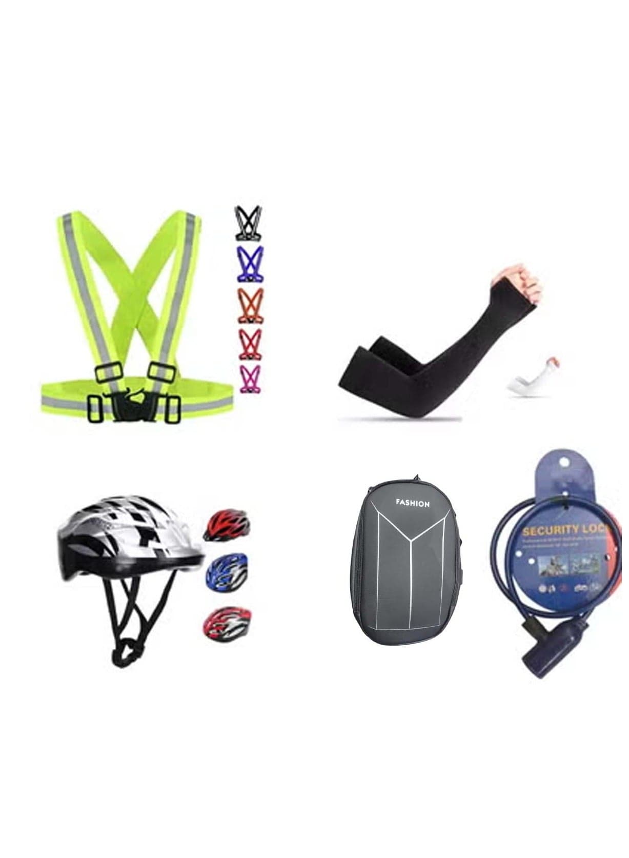 Electric Scooter Safety Kit contains Safety jacket, Helmet, Lock, Hanging Bag and Hand Sleeves Assorted
