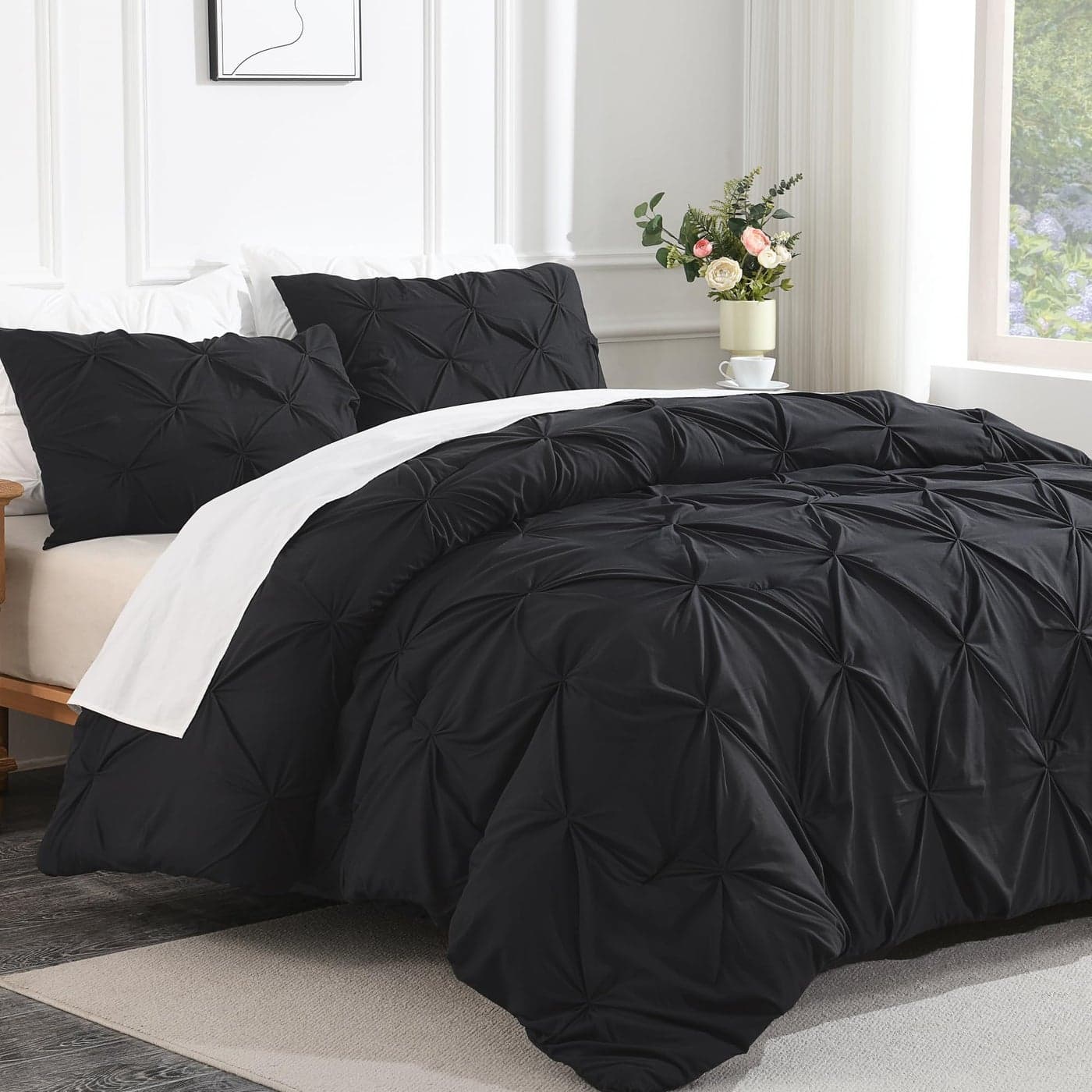 Andency Black Pinch Pleat Comforter Full79x90Inch 3 Pieces1 Pintuck Comforter and 2 Pillowcases Pintuck Bed Set Microfiber Down Alternative All Season Bedding Set