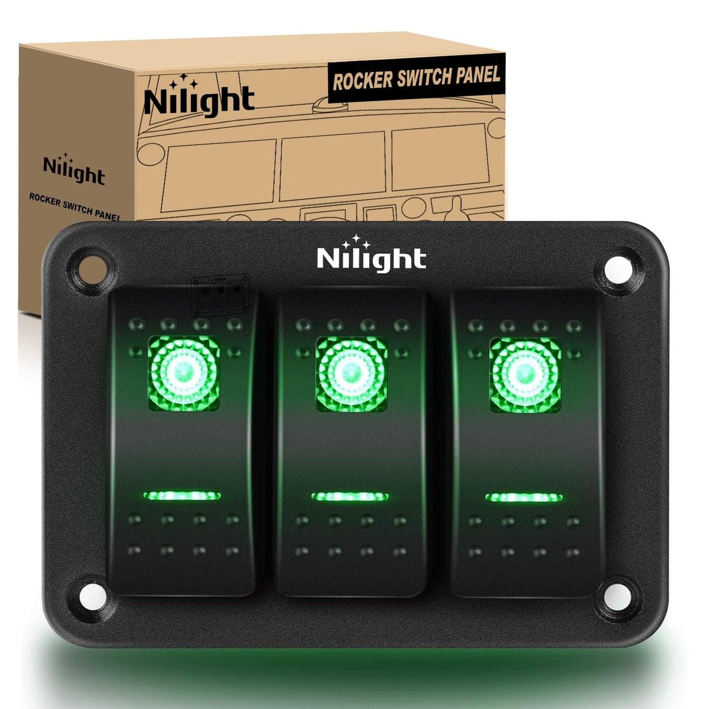 Nilight 3 Gang Aluminum Rocker Switch Panel Toggle Dash 5 Pin ONOff PreWired GreenBacklit for Automotive Cars Marine Boats RVs Green 90127C