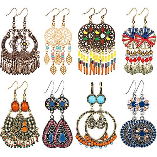 8 Pairs Boho Earrings for Women Vintage Drop Dangle Earrings Set Indian Retro Boho Ear Accessories for Women Girls Gifts(Vibrant Style)