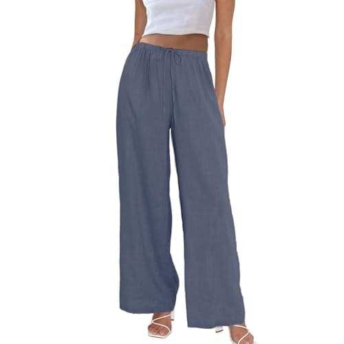 Duyang Womens Cotton Linen Palazzo Pants Drawstring Elastic Waist Casual Wide Leg Trousers with Pockets(Blue,S)