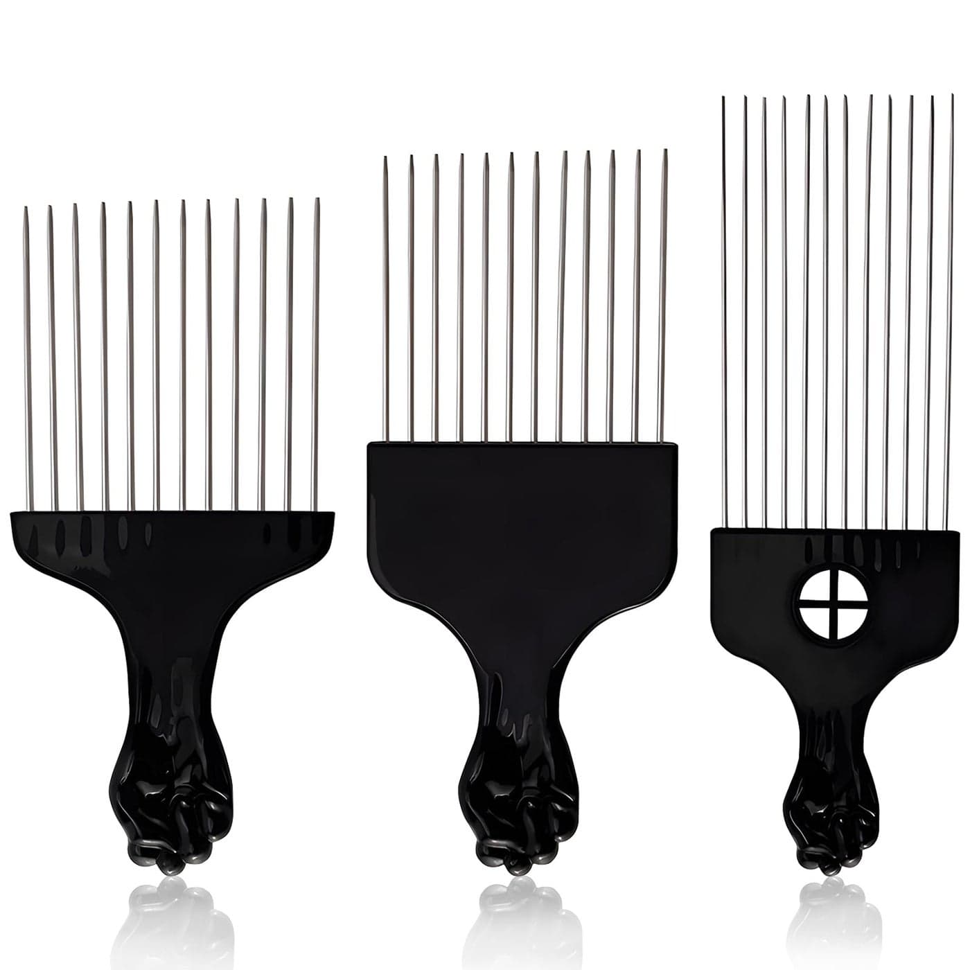 Stylish 3Piece Black Metal Afro Hair Pick Set Stainless Steel WideTooth Combs with Classic Fist Design Essential for Curly Afro Hair Care and Styling