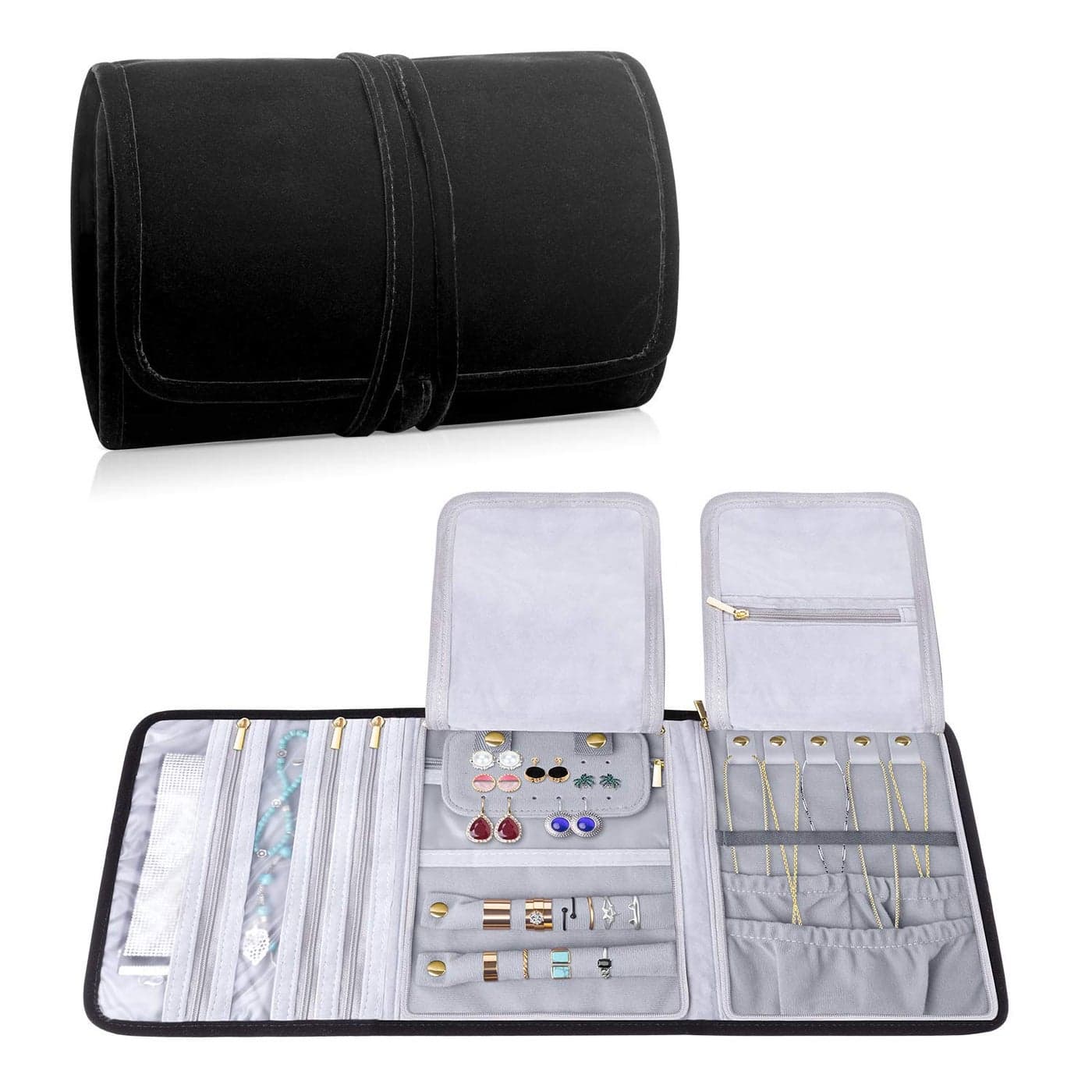 Teamoy Velvet Travel Jewelry Roll, Jewelry Storage Bag Organizer for Necklaces, Earrings, Bracelets, Rings, Brooches and More, Compact and Easy to Carry (Large, Velvet- Black)