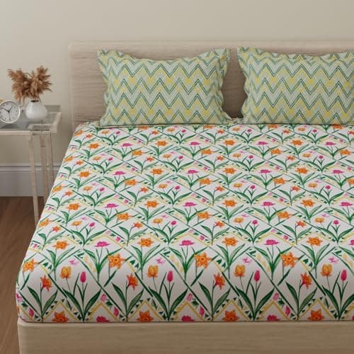 Huesland by Ahmedabad Cotton 144 TC Double Bedsheet Cotton King Size Bed with 2 Pillow Covers | Botanical Chevron | 108 by 108 inch | Green, Yellow & White