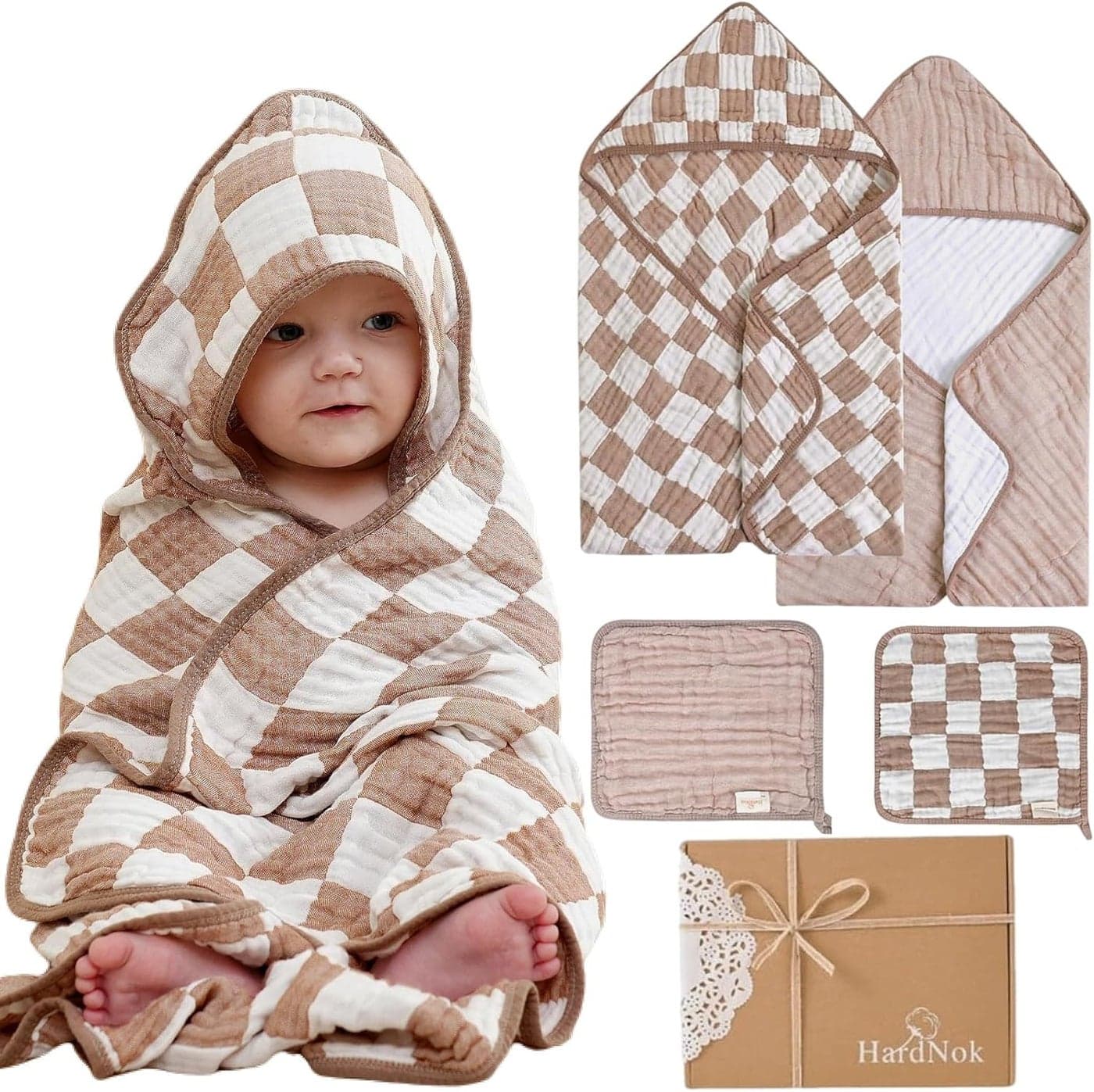 4Pc UltraSoft Muslin Baby Towel Set Bath Beach Coffee Checkered 32x32