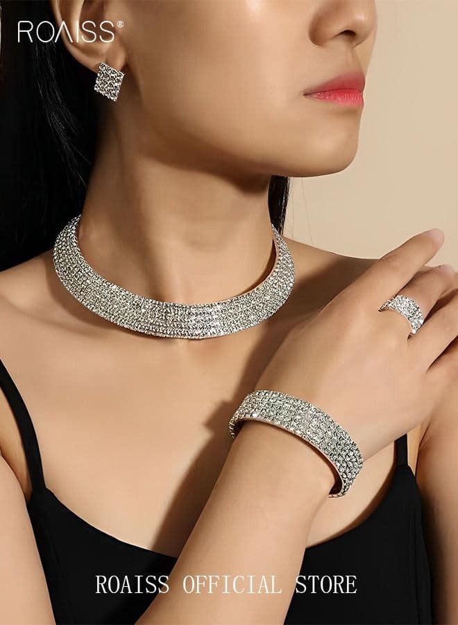 Ladies 4-Piece Jewelry Set Diamond Necklace Earrings Ring Bracelet European Style Elegant and Noble Jewelry Gift for Women Silver