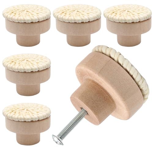 Seimneire 6 Pcs White Boho Rattan Dresser Knobs, Wooden Drawer Knobs Decorative Cabinet Knobs, Cupboard Handles Wood Drawer Pulls for Kitchen Bathroom Furniture Closet