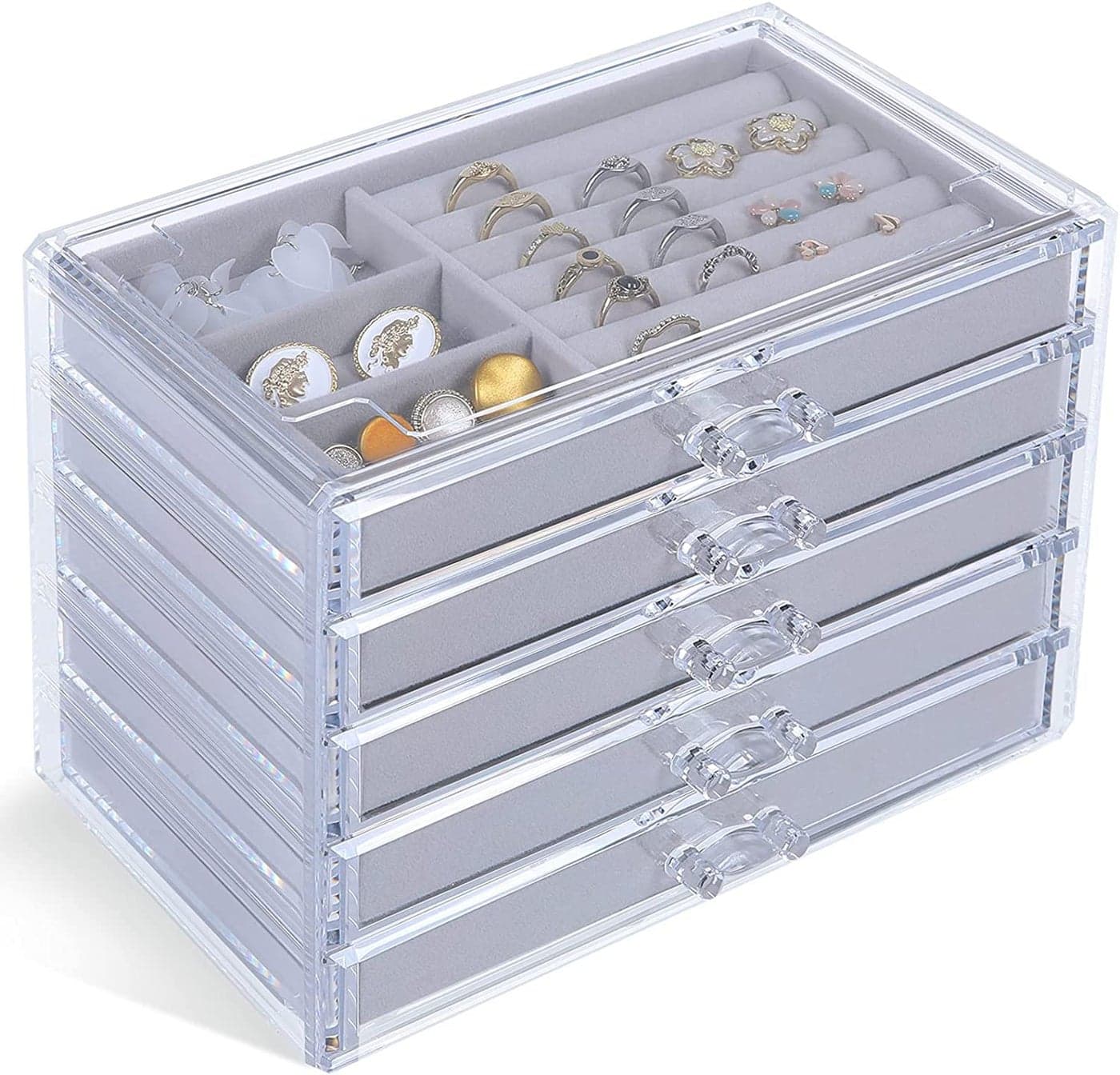 Snazzy 5 Drawers Acrylic Jewelry Organizer Birthday and Back To School Season Gift Women Large Clear Jewelry Box Velvet Jewelry Display Holder for Earrings Rings Necklaces Grey