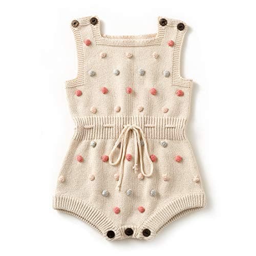 Simplee kids Baby Girl Knit Rompers Fall Sleeveless Pompoms Baby Girl Rompers 3-6 Months Little Girl Apricot Overall Jumpsuit Outfit