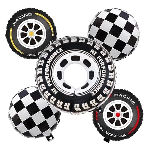 FI - FLICK IN 5 Pcs Racing Car Theme Birthday Decoration Tyre Shape Foil Balloon Tire Checkered Balloons for Decoration (Pack of 5, Black & White)