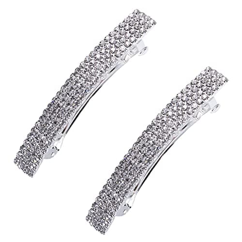 Meisuitd Crystal Hair Barrette 2 Pcs Sparkly Rhinestone Hair Clip French Design Bridal Fashion Gorgeous Bling Rhinestone Hair Clips Ponytail Holder Side Clips 2.55 inch