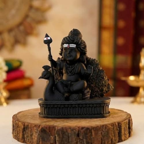 OSTNKART Lord Murugan Statue – 7 cm Black Polyresin Bal Kartikeya Murti with Peacock | Skanda/Subramaniyar Idol for Pooja Room, Car Dashboard, Office Desk & Festive Gifting