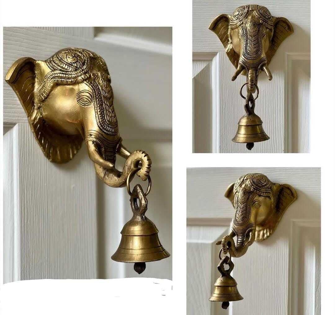 MVs Madh Ventures Elephant with Bell Brass Wall Hanging Sculpture Small Golden Elephant Face WallDoor Hanging Bell On Trunk Bell for Home Decor Weight 165 kg Size Small