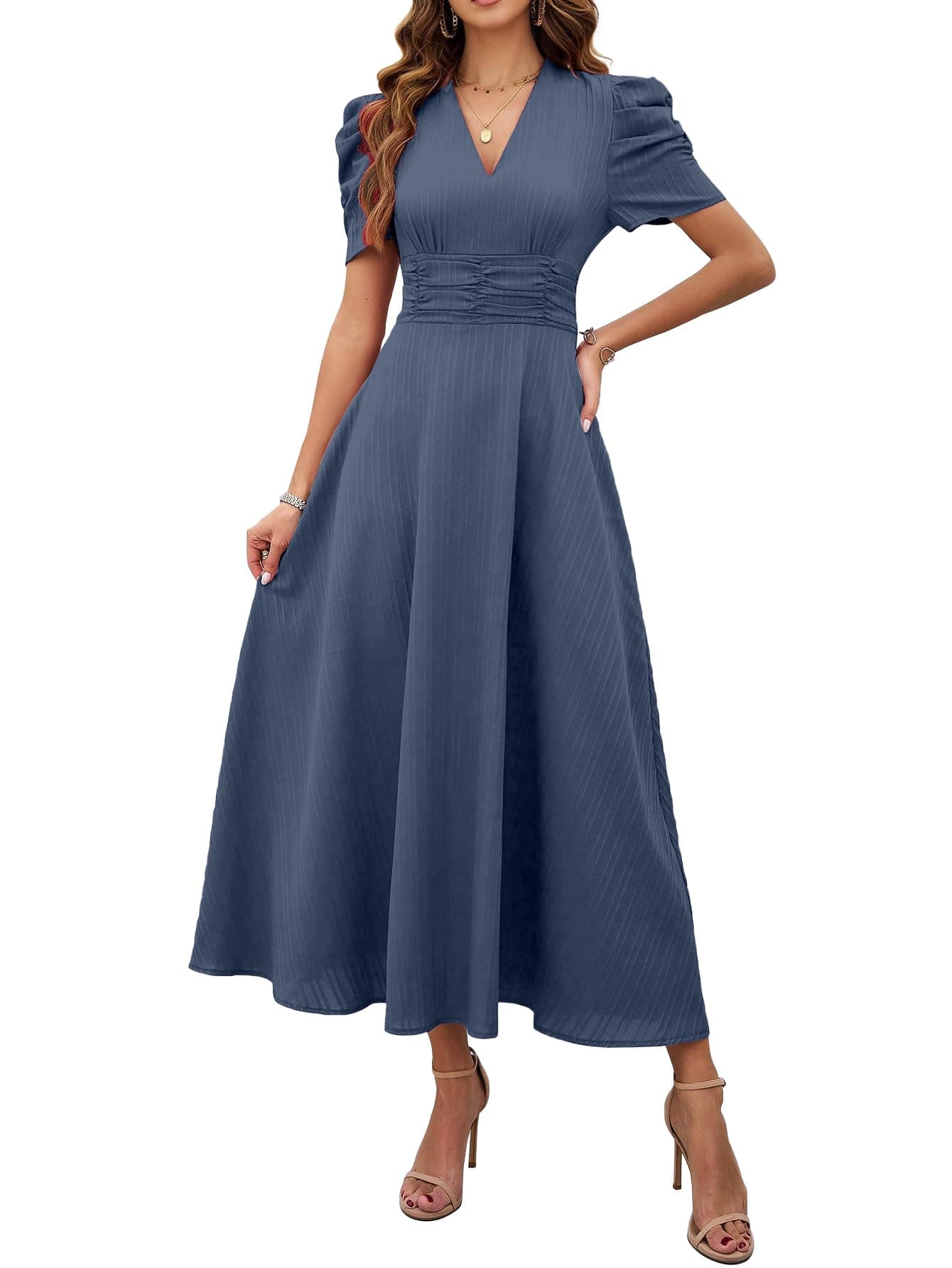 Shasmi Girl's & Women's Indigo Blue Solid Color V-Neck A-Line Maxi Dress for Women | New Year Party Outfit | Waist Cinched Puff Sleeve Western Dress | Elegant Casual Wear (Dress 246 Indigo Blue-M)