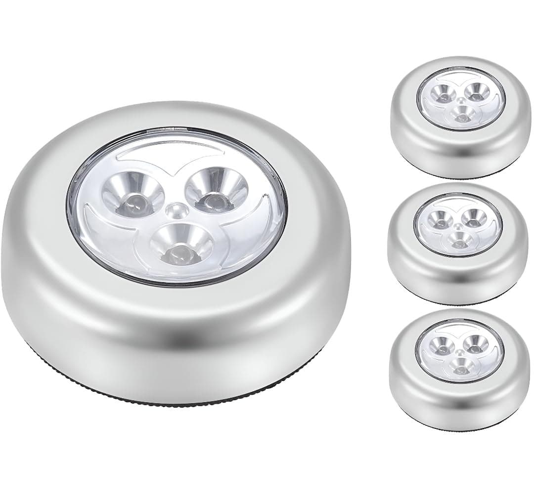 MeeTo Wireless LED Puck Light, Stick-Anywhere Closet Portable Tap Push Button Stair-Wall Lights for Cabinet, Hallway, Bathroom, Bedroom, Kitchen, 3 Battery Operated Low White Light, (Pack of 4)