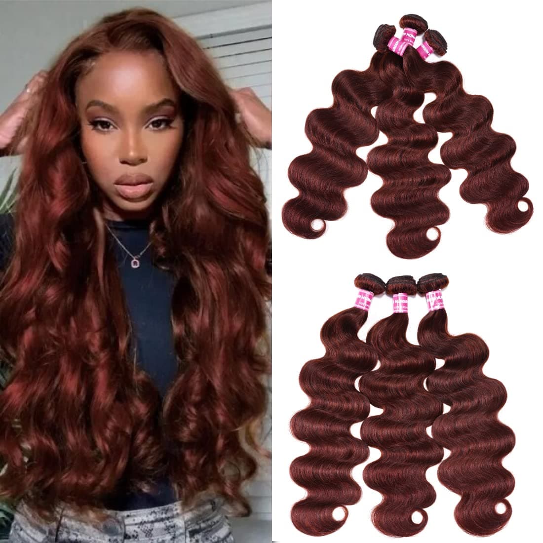 UNICE Reddish Brown Body Wave Human Hair Weave 3 Bundles 16 18 20 inch Brazilian Remy Hair Auburn Brown Copper Red Human Hair Wavy Weaves for Sew in Extensions 33B Color