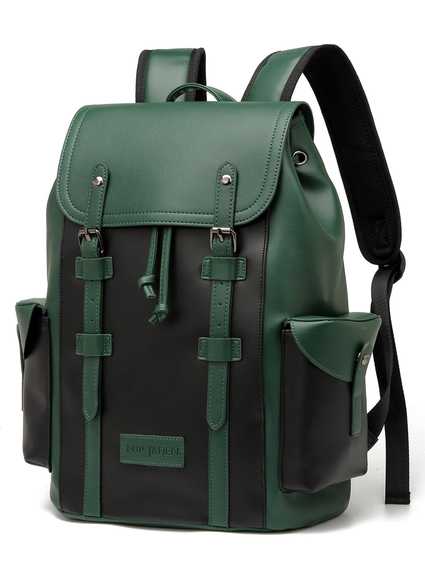FUR JADEN Vegan Leather Stylish 15.6 Inch Premium Laptop Backpack for Office & Travel (GreenBlack)