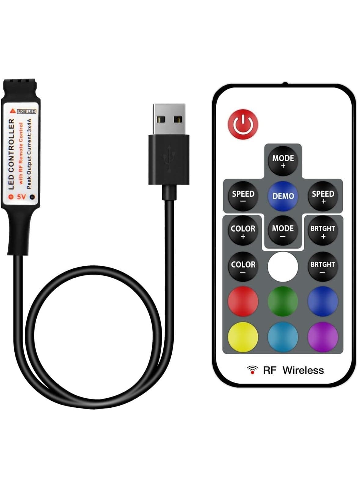 RF Wireless Remote LED Controller, Dimmer Remote, 17-Key Mini 4-Pin RF Remote Control for Single-Color LED Lights, Cabinet & Cove Lighting, DC 5V to 24V for Strip Lights (Black)
