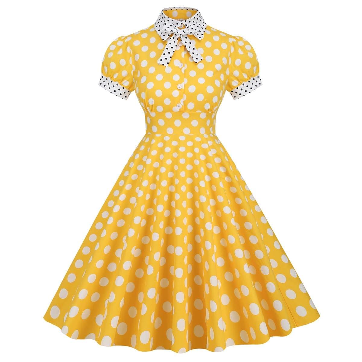 Polka Dots 1950s Vintage Shirt Dress for Women Short Sleeve Peter Pan Collar Dress Buttons Short Puff Sleeve 50s Audrey Hepburn Cocktail Swing Dress Knee Length Flare A Line Dress YellowPolka Dots M