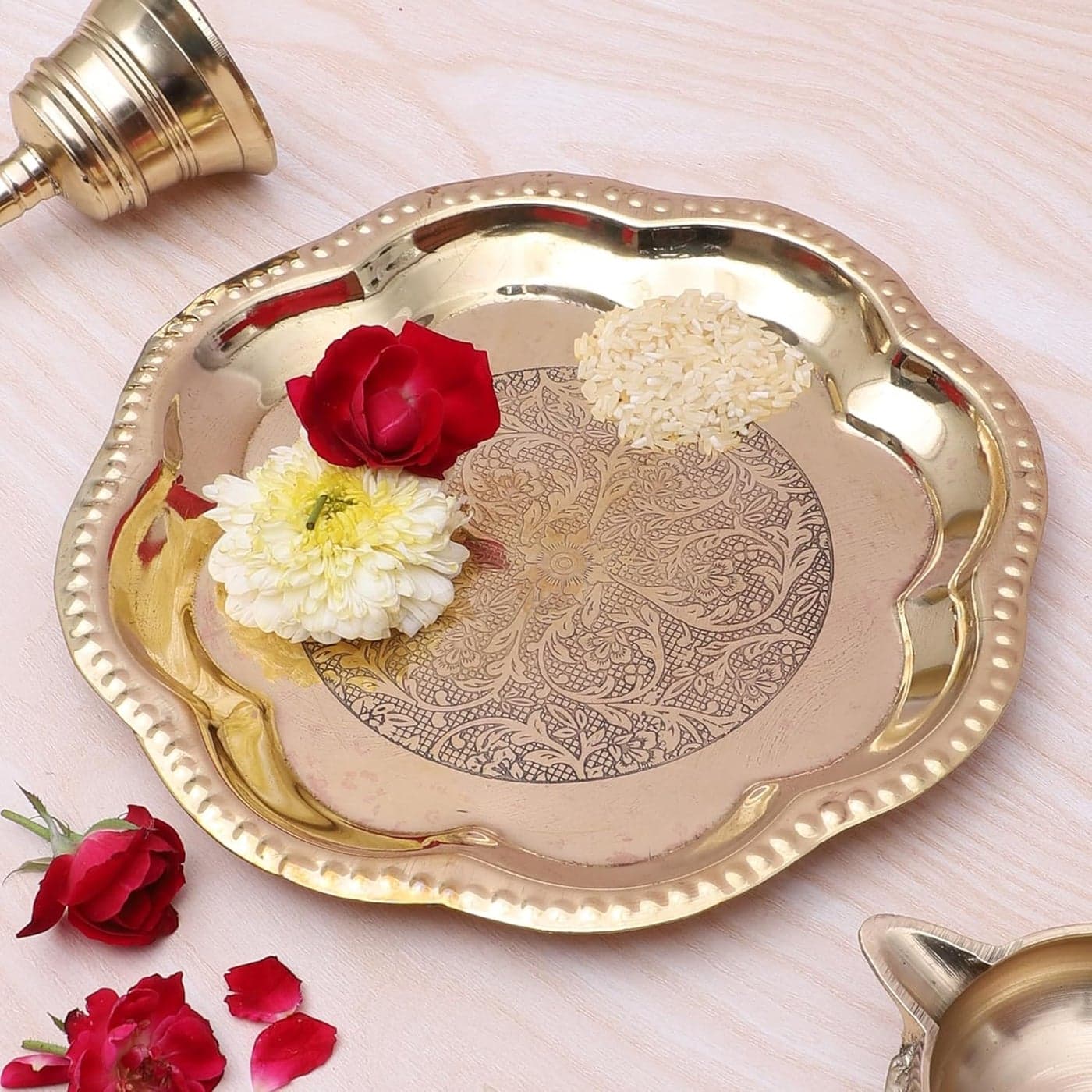 Two Moustaches 8 Inches Ethnic Carved Brass Puja Thali Traditional Pooja Aarti Thali for Home Temple Aarti Thali for Pooja Brass Plate for Pooja Gifts for Puja Ceremony Golden Pack of 1