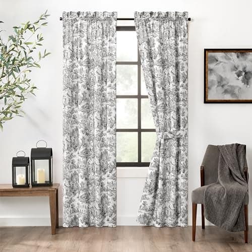 Ellis Curtain Victoria Park Toile 68-Inch-by-72 Inch Tailored Panel Pair with Tiebacks, Black
