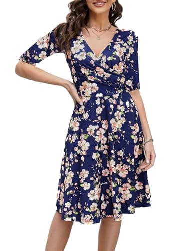 oxiuly Women's Vintage Criss-Cross Necklines Half Sleeve Floral Casual Work Party Cocktail Stretch Swing Dress OX233 (M, Navy Blue F5)