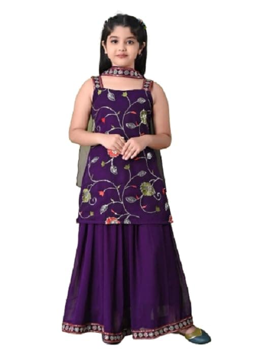 SPAMitude - Georgette Embroidery Sequin Kurta, Skirt and Dupatta Set for Girls – Ethnic Party Dress I Birthday Trendy Classic Outfit I Square Neck Sleeveless (PURPLE, 7-8 YEARS)