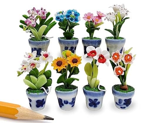 WitnyStore Tiny 2" High 8 Pieces Set Mix Hand Made Artificial Flowers Realistic Colorful Miniature Modelling Clay Flower Pots Brilliant Variety of Imitation House Plant Species Home Decoration