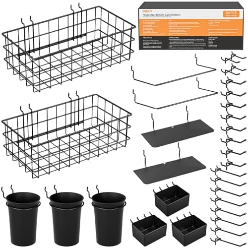 INCLY 30PCS Peg Board Organizer Accessories Kit, Pegboard Hooks Assortment with Bins, Cups, Wire Baskets and Paper Towel Holder for 1/8“ and 1/4” Pegboard Garage Workbench Craft Room Organizing Tools