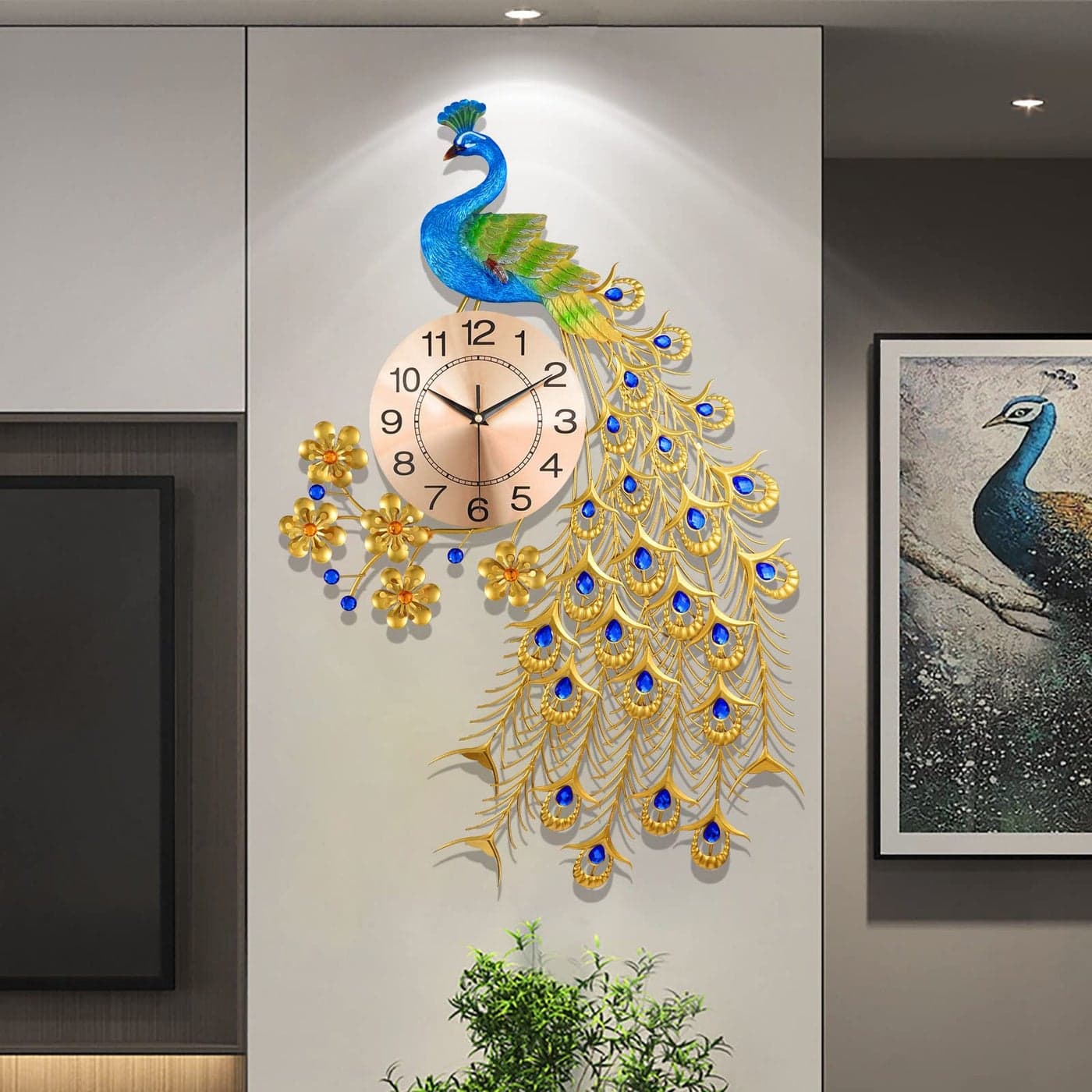 FMTAD Large Peacock Wall Clock for Living Room DecorMid Century Decorative Big Wall Clocks NonTicking Silent Luxury Peacock Clock for Dining Room Bedroom