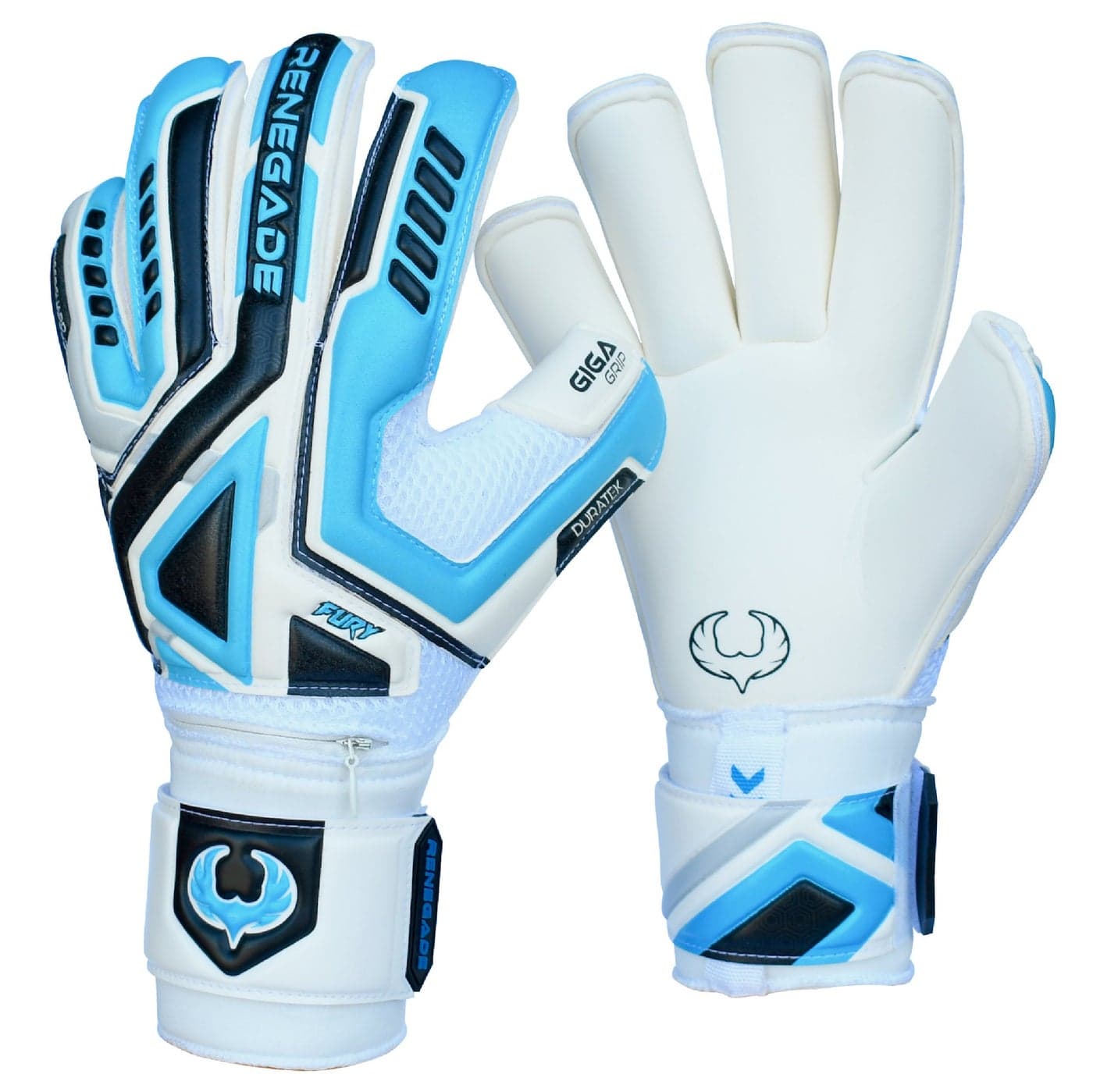 Renegade GK Fury SubZ Goalie Gloves with ProTek Finger Savers 4mm Giga Grip 4mm Duratek White Blue Silver Black Soccer Goalkeeper Gloves Size 8 YouthAdult Roll Cut Level 4