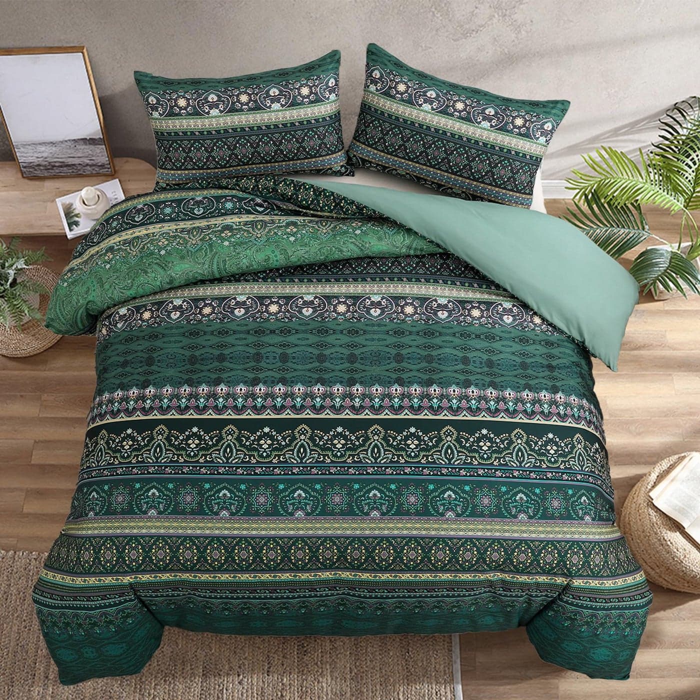 Double Size Bohemian Duvet Cover Green Colorful Boho Bedding Set with 2 Pillowcases Soft Microfiber Moroccan Bed Cover 200cm X 200cm