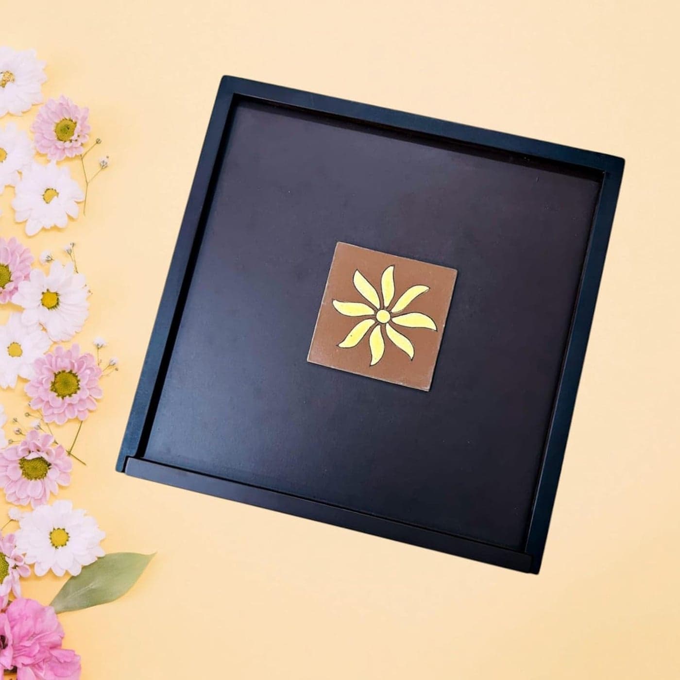 ESPOIR BLOOM Decorative Wooden Storage Box with 4 Compartments Mandala Pattern 255 x 255 x 5 cm Black Frame EBDRYBOX008