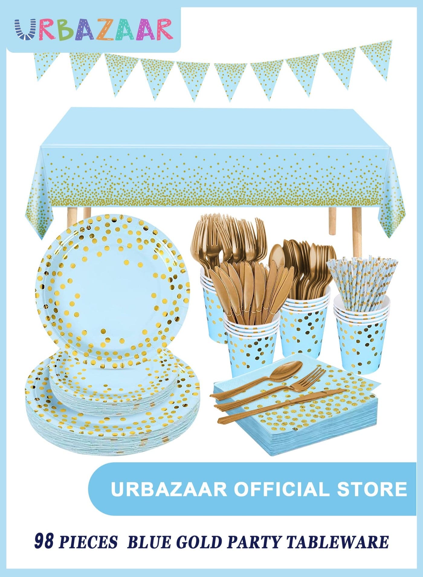 98PCS Blue and Gold Party Supplies Golden Dot Paper Party Dinnerware Includes Paper Plates, Napkins, Knives, Forks, 9oz Cups, Banner, for Graduation, Birthday party, Serves 12
