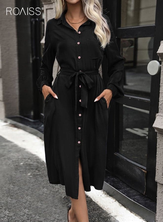 Women's Shirt Dress Long-Sleeve Button-Down Work Dress With Belt, High-Waisted A-Line Midi Skirt Viscose Elegant Commuter Casual Black