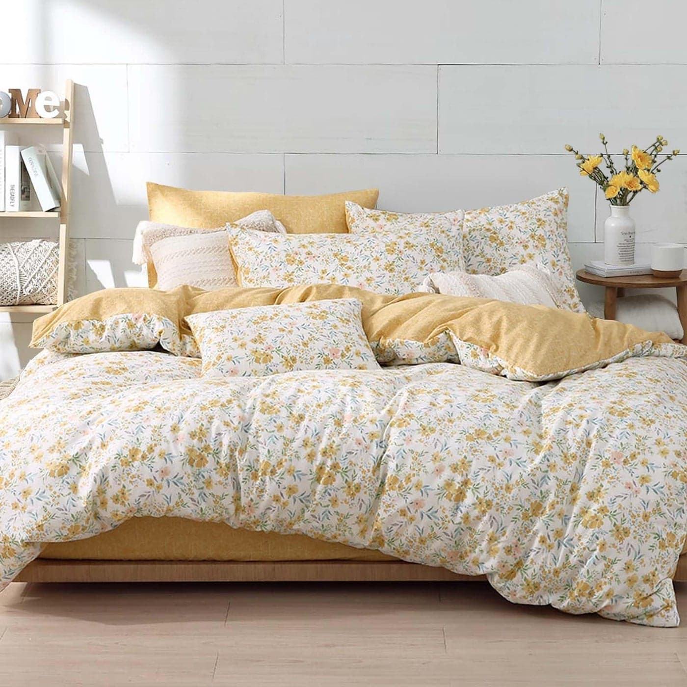 ALEISSEL Natural Cotton 3pcs Floral Comforter Sets King SizeYellow Comforter with Pink Yellow Flowers and Blue Green Leaves on White Reversible Lightweight Bedding SetsKing 10490