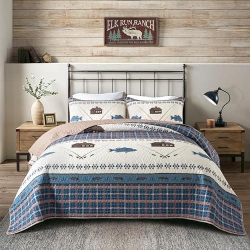Soul & Lane Gone Fishing Quilt Set - King with 2 Shams, Cabin Style Outdoor Themed Fish Bedding, Blue Rustic Lakehouse Quilted Bedspread, Wilderness Country and Lodge Design