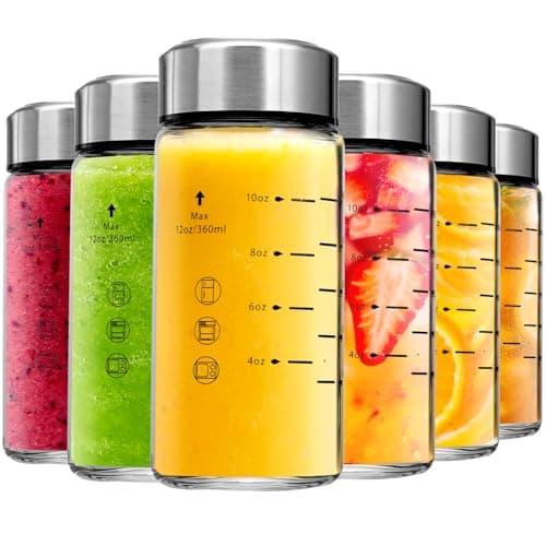 Glass Juice Bottles 6 Pack 12 oz Wide Mouth Glass Water Bottles with Lids BorosilicateStainless Steel Lids for Juicing Smoothies Infused Water Beverage Storage Leakproof ReusableBPA Free