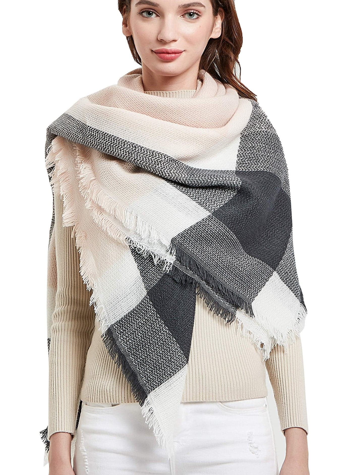 Womens Warm Blanket Scarf Square Shawls Infinity Scarves Stripe Big Plaid Grey Pink 11
