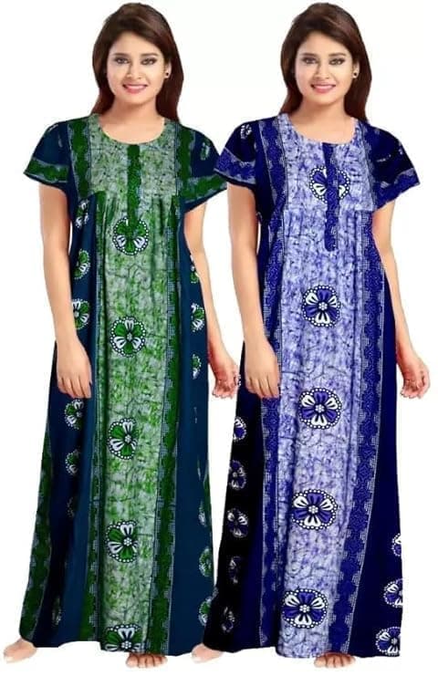 Senert Nighty for Women Cotton Printed Maxi Gown Ankle Length Nighty Night Dress Gown for Women Maxi - Free Size (Pack of 2) (Blue&Green, Free Size)
