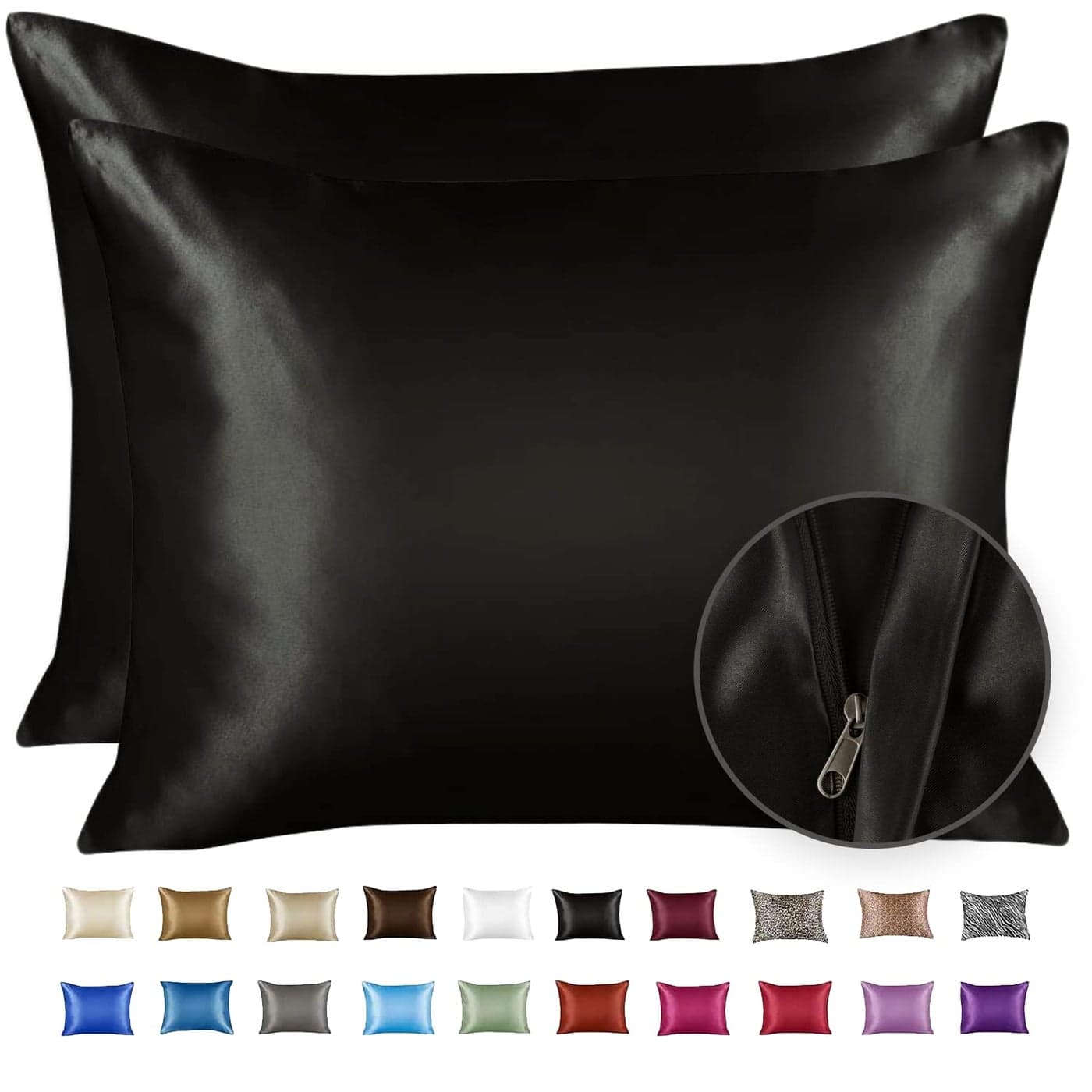 ShopBedding Black Satin Pillowcase with Zipper for Hair and Skin Care Feels Soft and Cool Like a Silk Pillowcase Satin Pillow Cases 2 Pack Slik Pillow Cover Standard Size Set of 2 Blissford