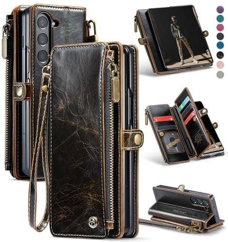Defencase Wallet Case Compatible with Samsung Galaxy Z Fold 6 with RFID Blocking Card Holder S Pen Holder Slot PU Leather Magnetic Snap Flip Zipper Strap Phone Case Fit for Galaxy Z Fold 6 Coffee