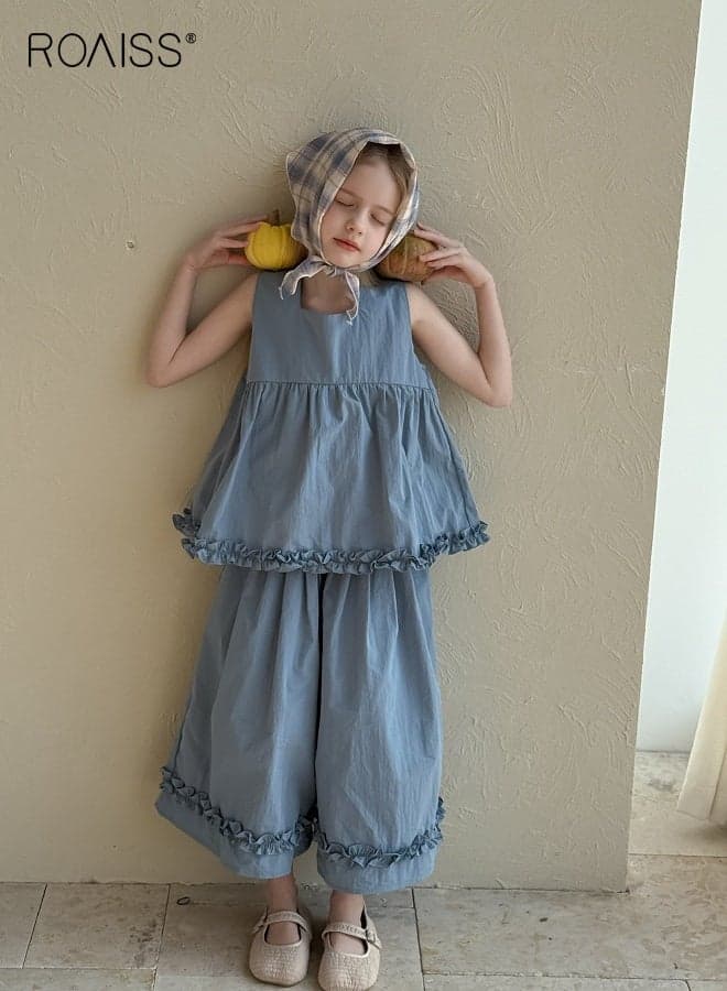 Girls Camisole and Pants Set with Ruffled Hem, Stylish Summer Outfit with Sleeveless Top and Wide Leg Pants, 2 Piece Comortable Clothing Set for Girls