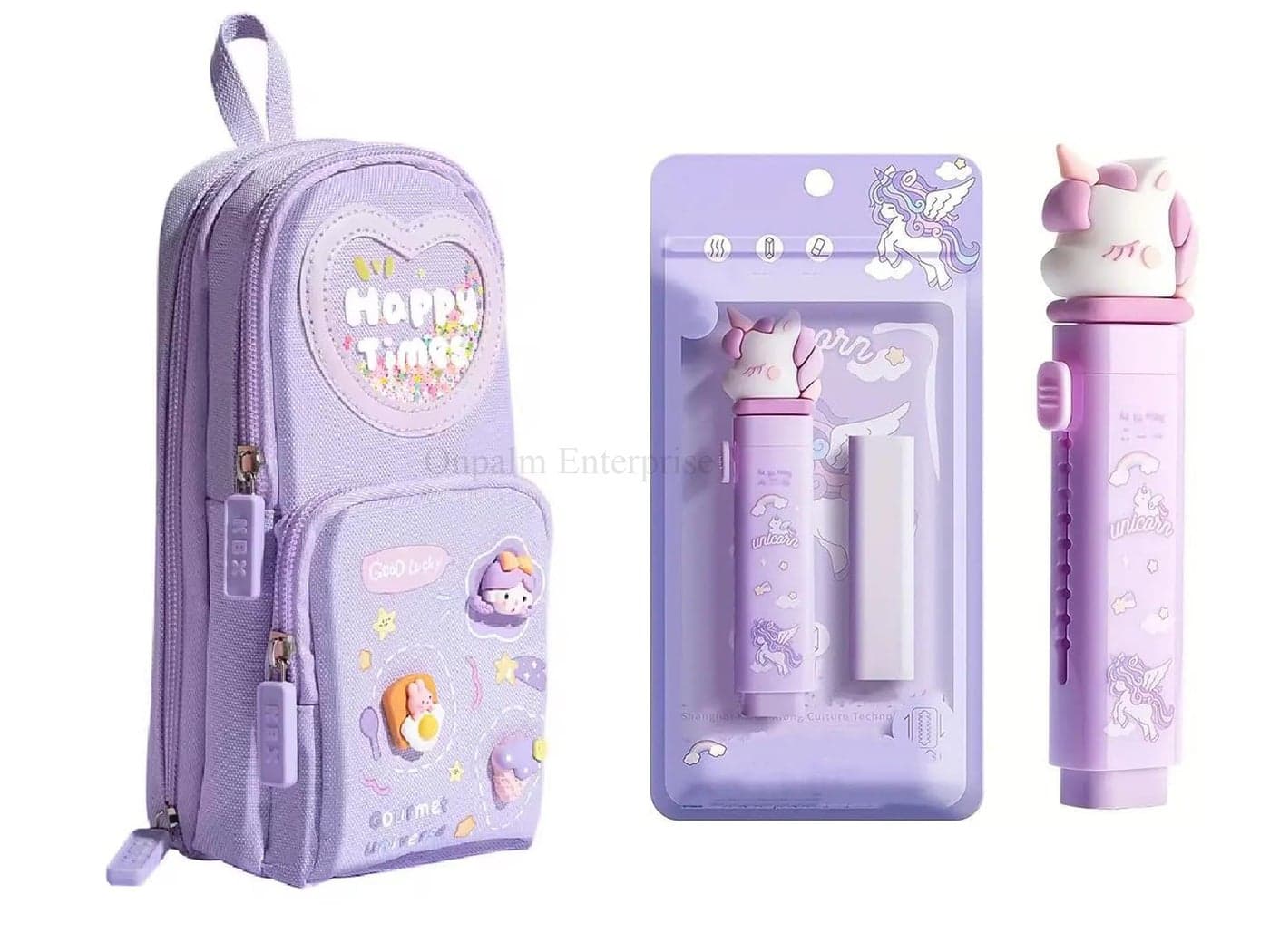 Onpalm Enterprise Kawaii Purple Stationery Combo Set for Girls | Kawaii Pencil Case Pouch with Zipper & Push Pull Eraser with Refills | Back to School Supplies Gift for Kids (Purple)